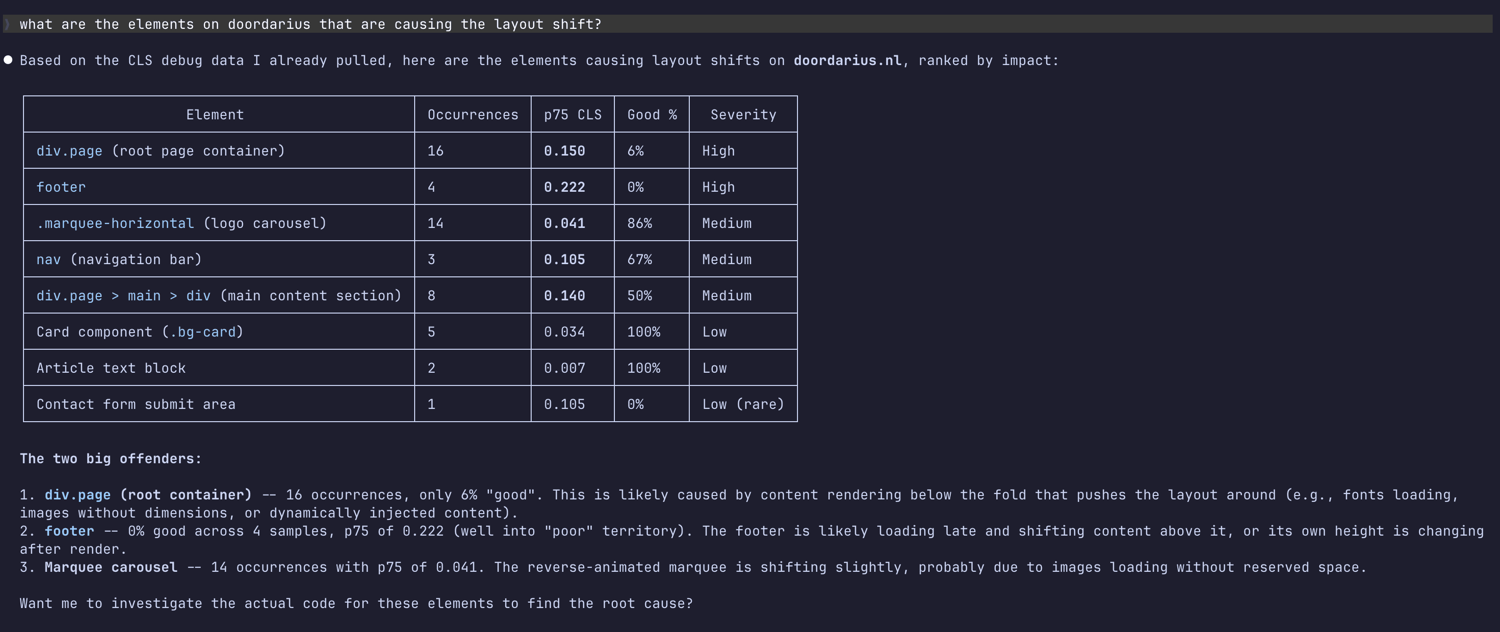 Claude AI debugging CLS layout shifts using Joltsite MCP server